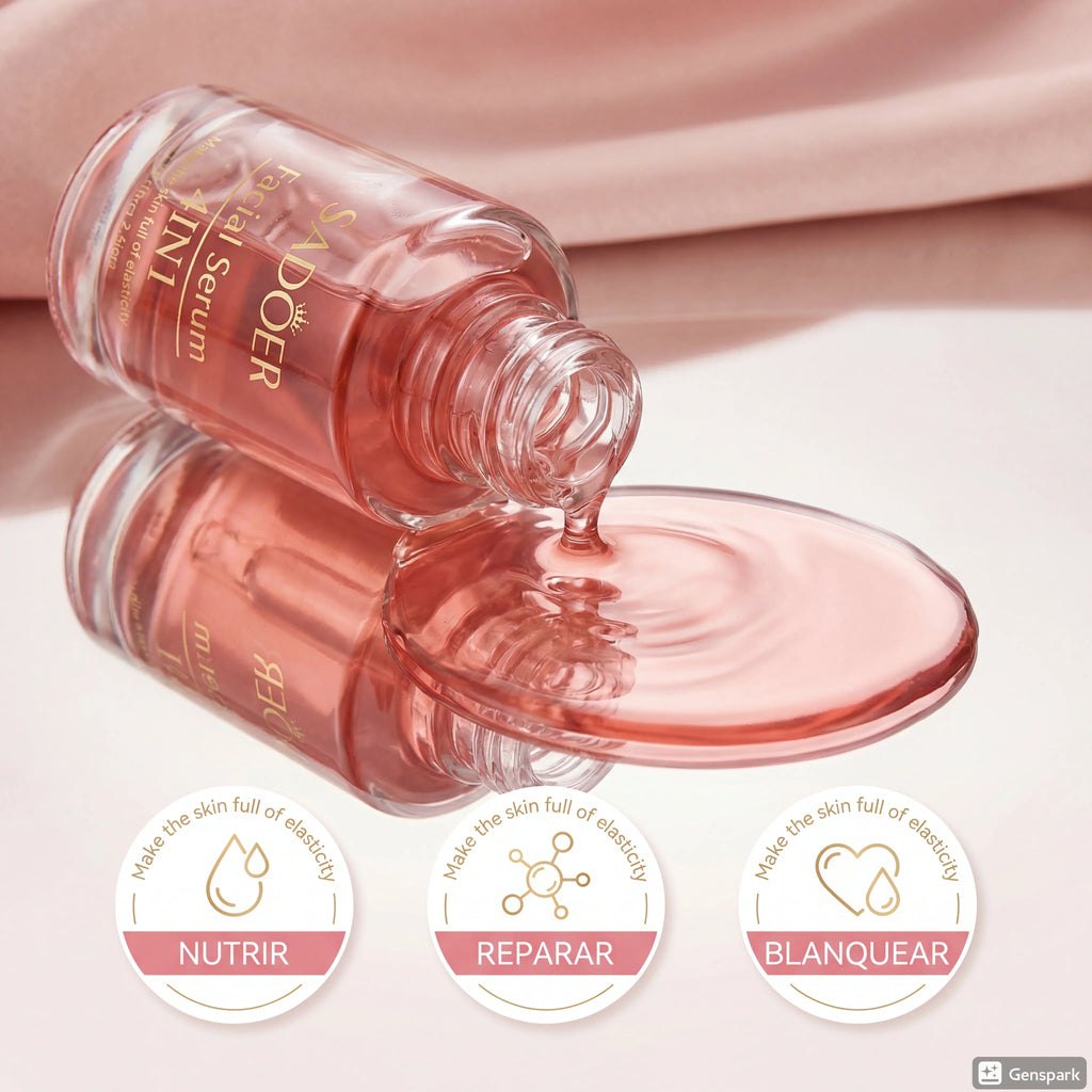 Pink facial serum bottle pouring liquid with icons for nourish, repair, and brighten skin benefits