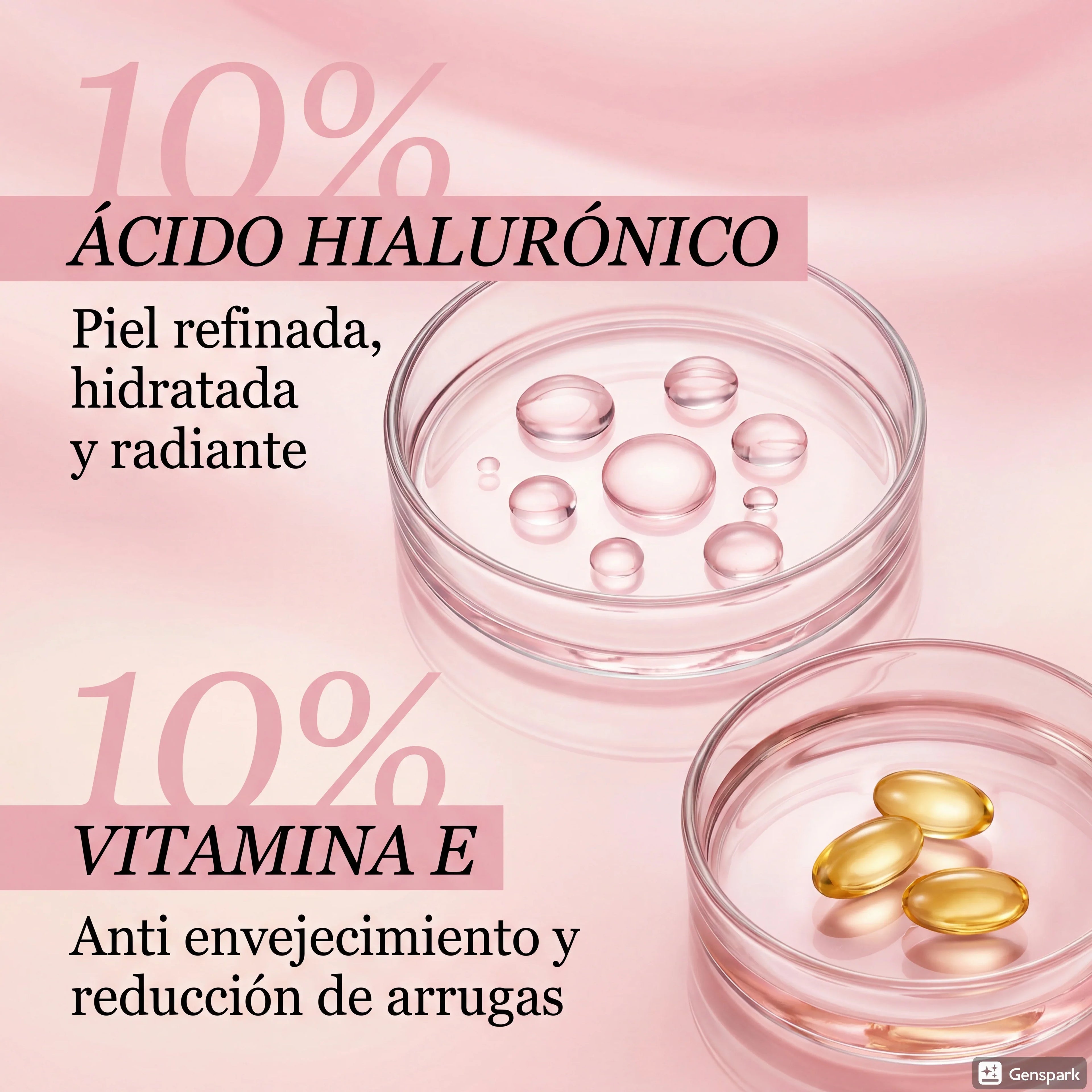 Glass petri dishes with hyaluronic acid drops and vitamin E capsules on pink background, skincare benefits highlighted.
