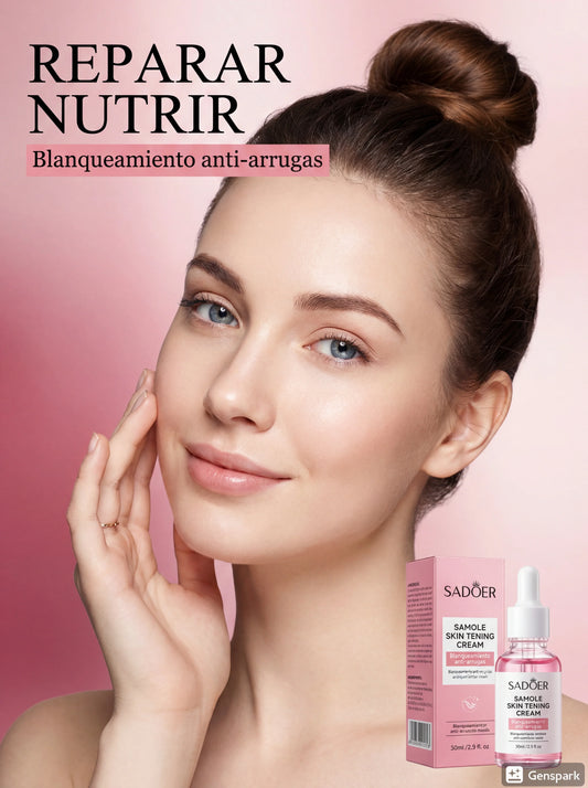 Woman with clear skin touching face, promoting Sadoer skin toning cream for anti-wrinkle whitening on pink background.