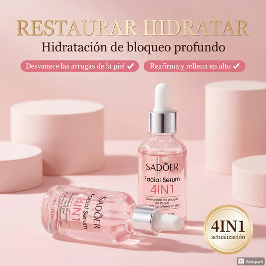 SADOER 4 in 1 facial serum bottles with dropper on pink background, anti-aging skincare product